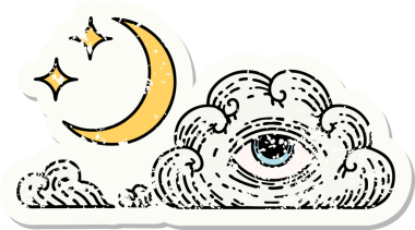 Geleneksel ay yıldızları stili ve bir insan tarafından çizilmiş bulutlu çıkartma dövmesi.