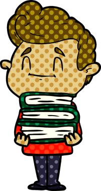 Bir insan tarafından çizilmiş bir yığın yeni kitabı olan mutlu çizgi film adamı.