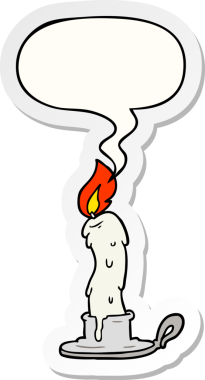 Bir insan tarafından çizilmiş konuşma kabarcığı çıkartmalı ürkütücü eski bir mum.