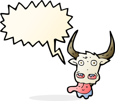 Bir insan tarafından çizilmiş konuşma balonlu inek suratı.