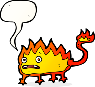 Bir insan tarafından çizilmiş konuşma balonu olan küçük ateş şeytanı çizgi filmi.