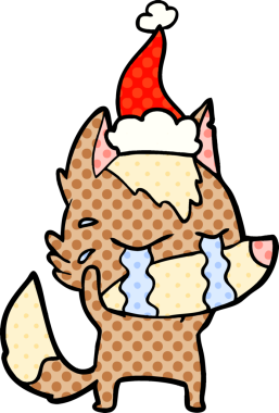 Bir insan tarafından çizilmiş Noel Baba şapkası giymiş ağlayan bir kurdun el çizimi çizgi roman çizimi.