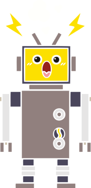 Bir insan tarafından çizilmiş arızalı bir robotun düz renk retro karikatürü