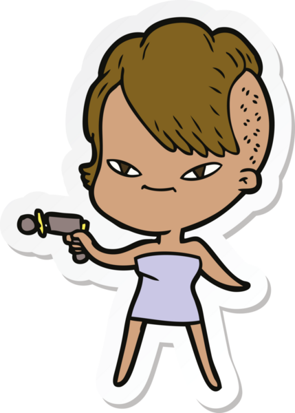 Hipster saç kesimi bir insan tarafından çizilmiş şirin bir çizgi film kızına ait etiket.