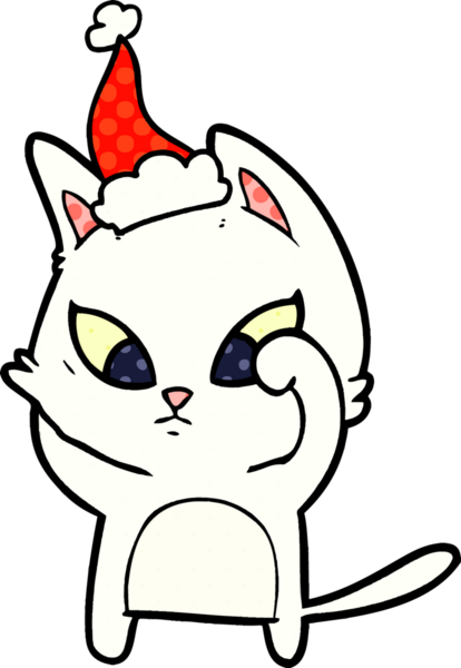 Kafası karışmış bir el çizimi çizgi roman tarzı Noel Baba şapkası takan bir kedi bir insan tarafından çizilmiş.