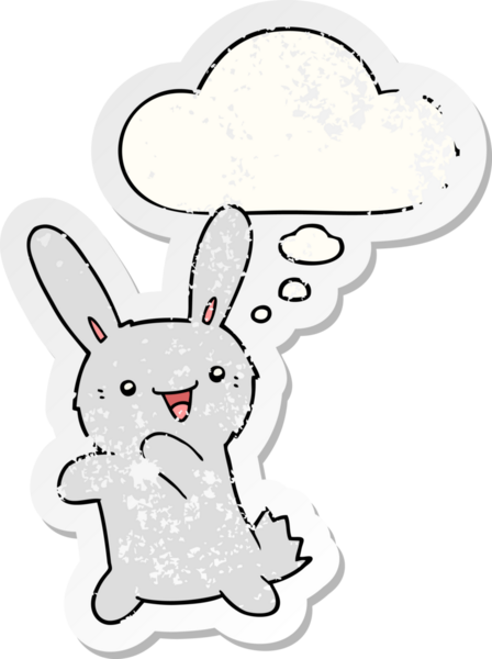 Düşünce baloncuğu olan çizgi film tavşanı insan tarafından çizilmiş yıpranmış bir çıkartma.