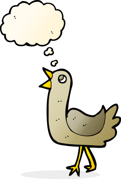 Bir insan tarafından çizilmiş düşünce baloncuklu çizgi film kuşu.