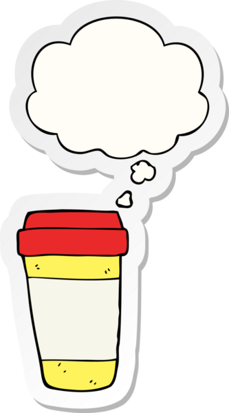 Düşünce baloncuklu çizgi film kahve fincanı insan tarafından çizilmiş bir çıkartma.