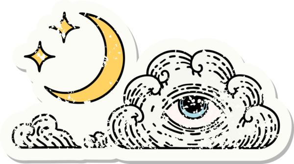 Geleneksel ay yıldızları stili ve bir insan tarafından çizilmiş bulutlu çıkartma dövmesi.