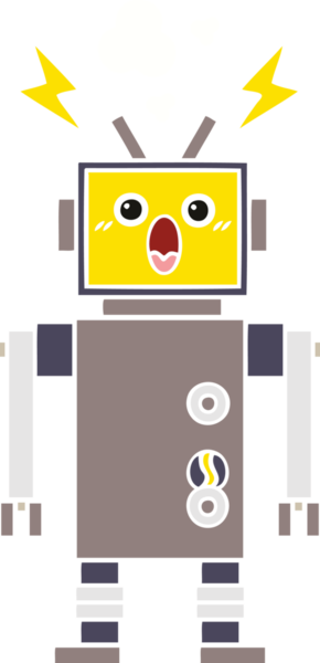 Bir insan tarafından çizilmiş arızalı bir robotun düz renk retro karikatürü