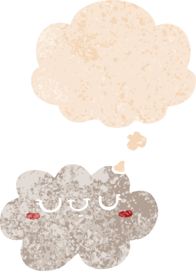 Düşünce baloncuğu ve grunge ile sevimli çizgi film bulutu bir insan tarafından çizilmiş sıkıntılı retro dokuma tarzı