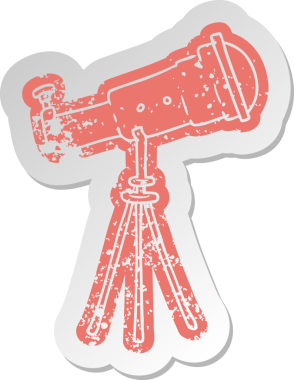 Bir insan tarafından çizilmiş büyük bir teleskobun eski bir karikatür çıkartması.