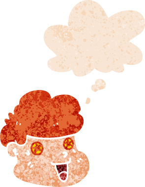 Düşünce baloncuklu çizgi film çocuğunun yüzü bir insan tarafından çizilmiş dertli eski moda bir stil.