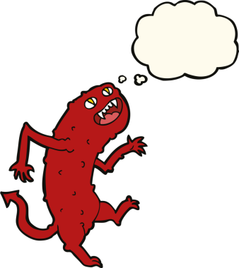 Bir insan tarafından çizilmiş düşünce baloncuklu çizgi film canavarı.