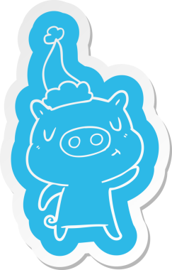 Bir insan tarafından çizilmiş Noel Baba şapkası giyen bir domuzun garip çizgi film etiketi.