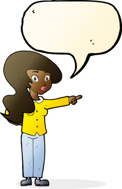 Bir insan tarafından çizilmiş konuşma baloncuğuyla işaret eden güzel bir kadın.