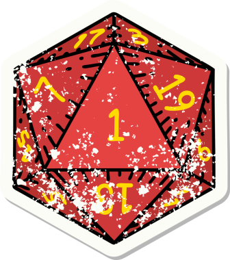 Bir insan tarafından çizilmiş 1 D20 zarının grunge sticker 'ı