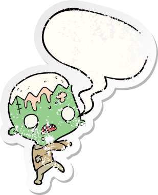 Konuşma baloncuğu olan sevimli çizgi film zombisi bir insan tarafından çizilmiş sıkıntılı eski bir çıkartma.