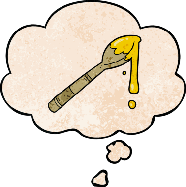 Bir insan tarafından çizilmiş grunge desenli düşünce baloncuklu bir kaşık dolusu bal.