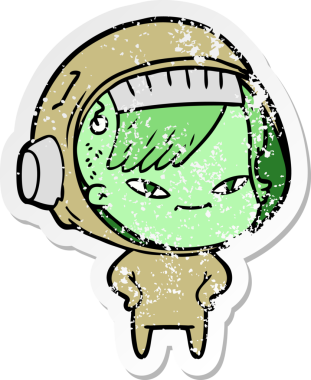 Bir insan tarafından çizilmiş karikatür astronot kadının sıkıntılı çıkartması.