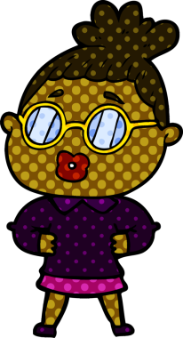 Bir insan tarafından çizilmiş gözlüklü bir karikatür kadın.