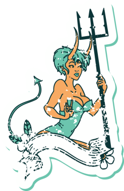 İkonik sıkıntılı dövme stili. Üzerinde insan dövmesi olan bir kız resmi.