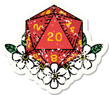 Bir insan tarafından çizilmiş çiçek elementleriyle 20 D20 zarının grunge sticker 'ı.