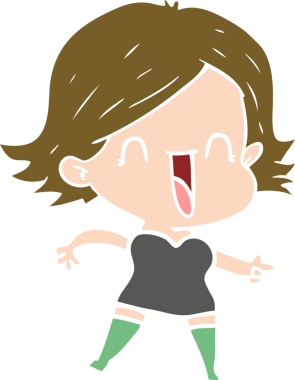 Bir insan tarafından çizilmiş düz renkli çizgi film gülen kadın.