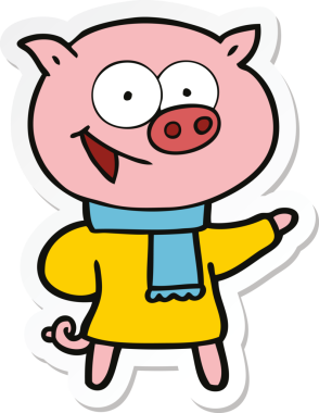 Bir insan tarafından çizilmiş kışlık kıyafet giyen neşeli bir domuzun çıkartması.