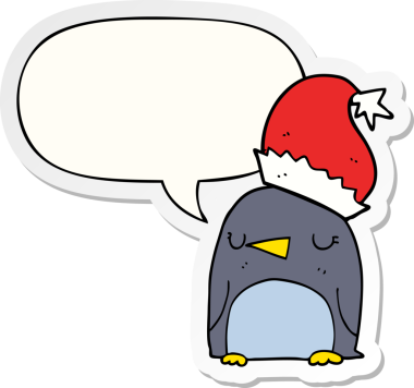 Bir insan tarafından çizilmiş konuşma balonu çıkartmalı şirin bir Noel pengueni.