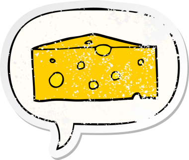 Konuşma baloncuklu çizgi film peyniri bir insan tarafından çizilmiş sıkıntılı eski bir çıkartma