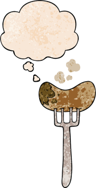 Bir insan tarafından çizilmiş grunge desenli düşünce baloncuklu sosis ve çatal.