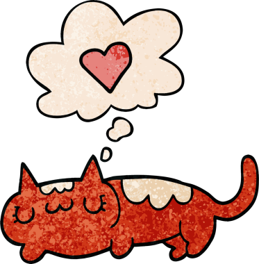 Bir insan tarafından çizilmiş grunge desenli düşünce baloncuklu çizgi film kedisi.