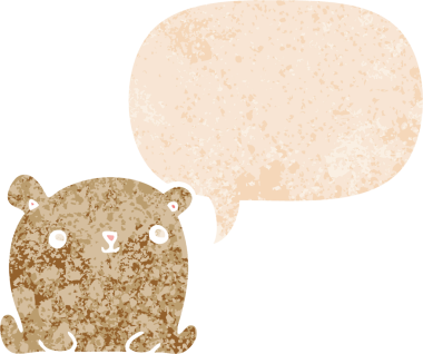 Bir insan tarafından çizilmiş grunge sıkıntılı retro biçimli konuşma baloncuğu ile sevimli çizgi film ayısı