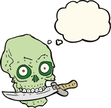 Bir insan tarafından çizilmiş düşünce baloncuğuyla dişlerinde bıçak olan korsan kafatası.