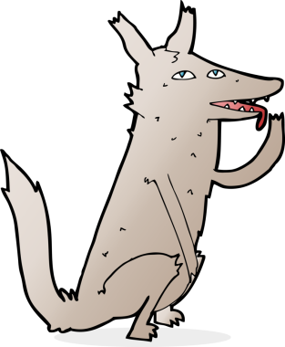 Bir insan tarafından çizilmiş pençeleri yalayan kurt çizgi filmi.