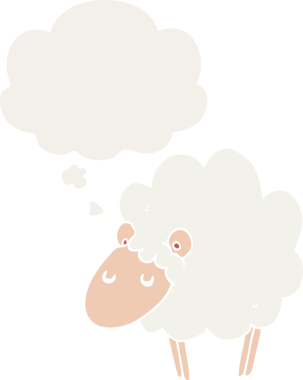 Düşünce baloncuğu olan bir koyun insan tarafından çizilmiş.