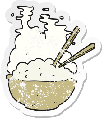 Bir insan tarafından çizilmiş sıcak pirinç dolu bir karikatür kasesinin geriletilmiş yapıştırması.