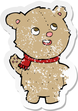 Bir insan tarafından çizilmiş atkısı olan sevimli oyuncak ayının gerici, kederli çıkartması.