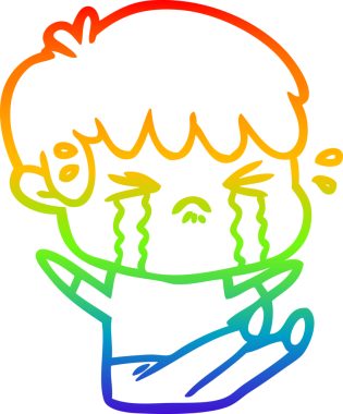 Gökkuşağı gradyan çizimi bir insan tarafından çizilmiş ağlayan bir çizgi çocuk çizimi