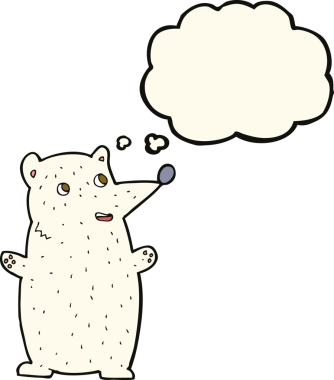 Bir insan tarafından çizilmiş düşünce baloncuklu komik kutup ayısı.