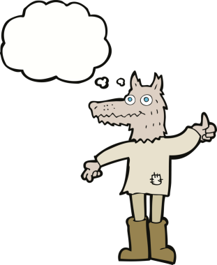 Bir insan tarafından çizilmiş düşünce balonlu bir kurt adam.