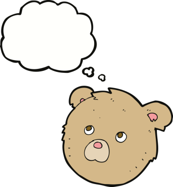 Bir insan tarafından çizilmiş düşünce balonlu oyuncak ayı yüzlü çizgi film.