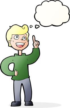 Bir insan tarafından çizilmiş düşünce baloncuğuyla harika bir fikri olan çizgi film çocuğu.