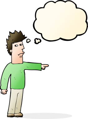 Bir insan tarafından çizilen düşünce baloncuğuyla işaret eden çizgi film adamı.