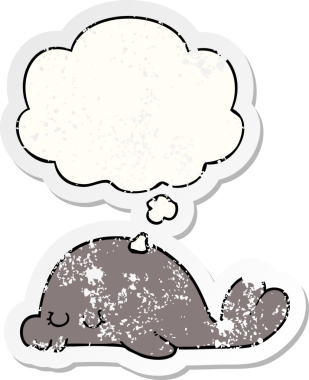 Düşünce baloncuklu karikatür mührü bir insan tarafından çizilmiş yıpranmış bir çıkartma gibi.