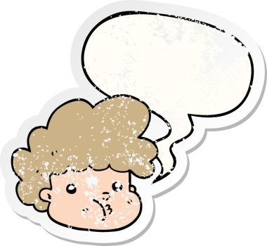 Konuşma baloncuğu olan çizgi film çocuğu bir insan tarafından çizilmiş sıkıntılı eski bir çıkartma