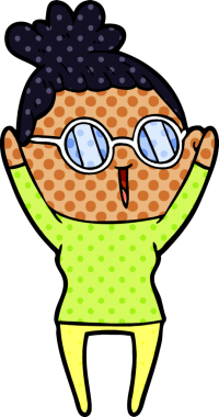 Bir insan tarafından çizilmiş gözlüklü bir karikatür kadın.