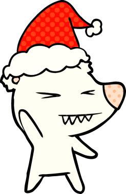 Kızgın kutup ayısı eli bir insan tarafından çizilmiş Noel Baba şapkasının çizgi roman çizimi.