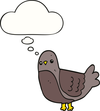 Bir insan tarafından çizilmiş düşünce baloncuklu çizgi film kuşu.